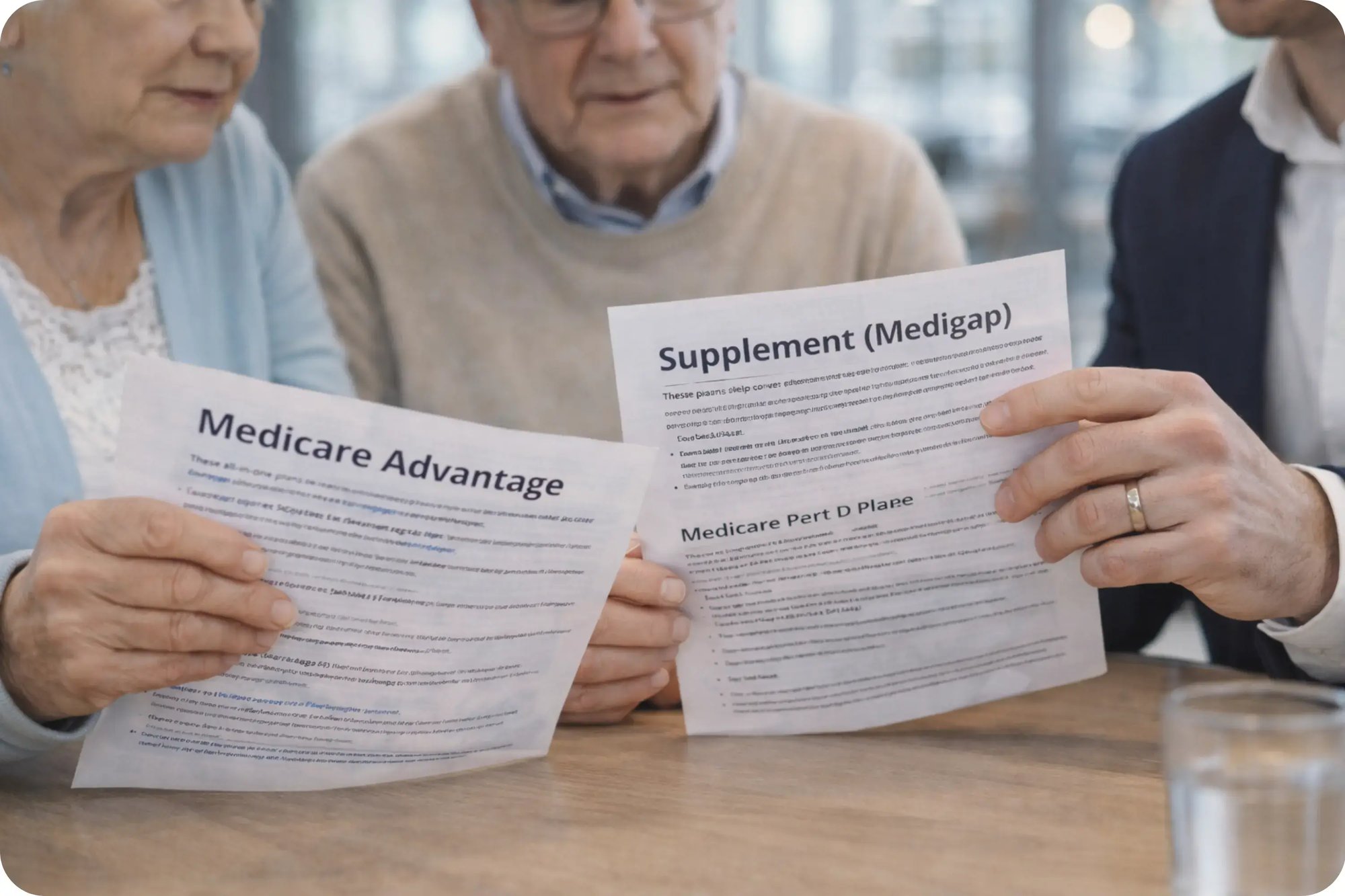 Close up of older adults and a Medicare advisor reviewing Medicare plan documents together at a table in a modern office, with hands and paperwork in focus and faces softly blurred.