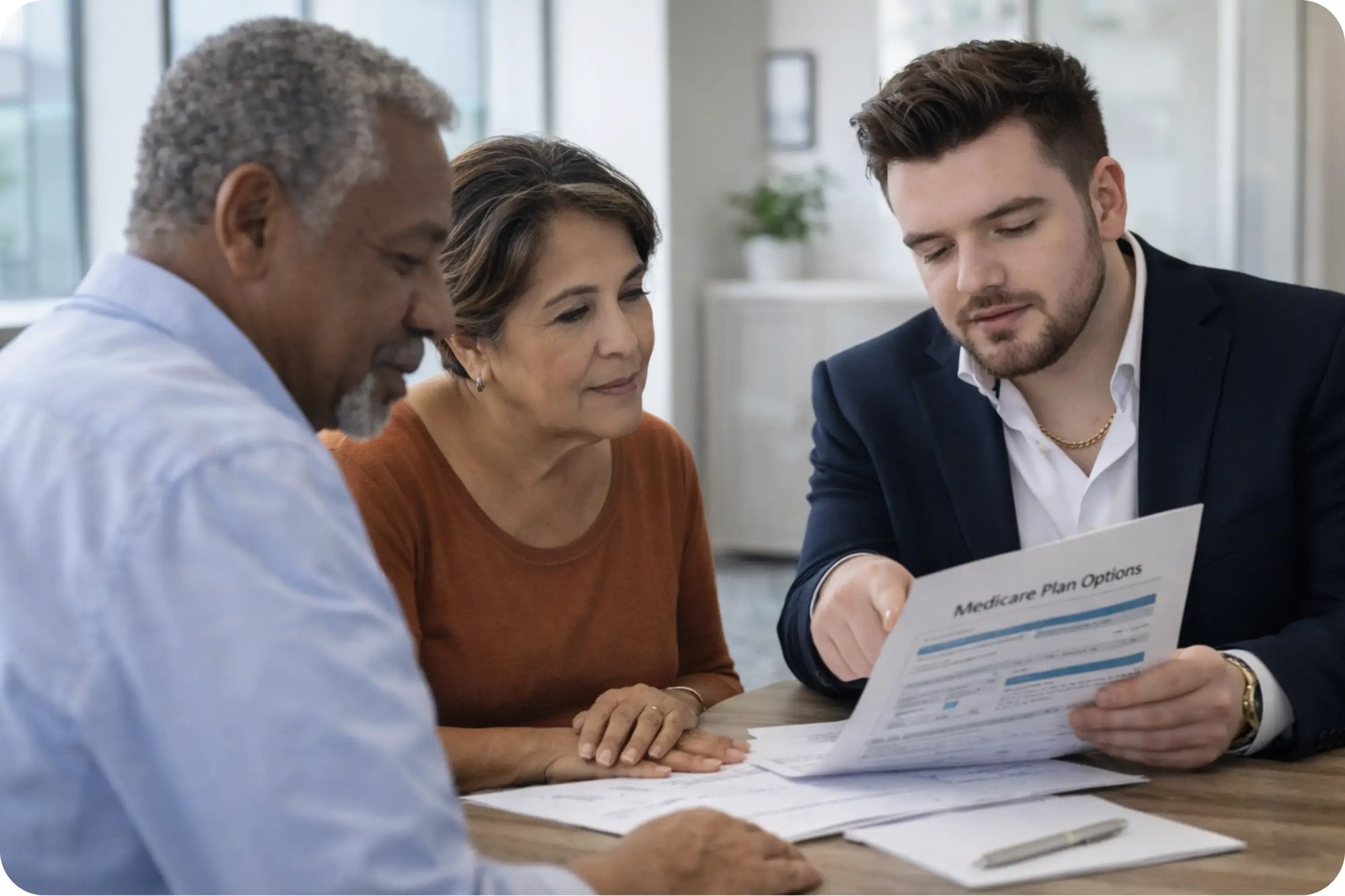 Close up of an insurance advisor reviewing Medicare plan options with an older couple at a table in a bright, modern office, with paperwork and hands in focus.